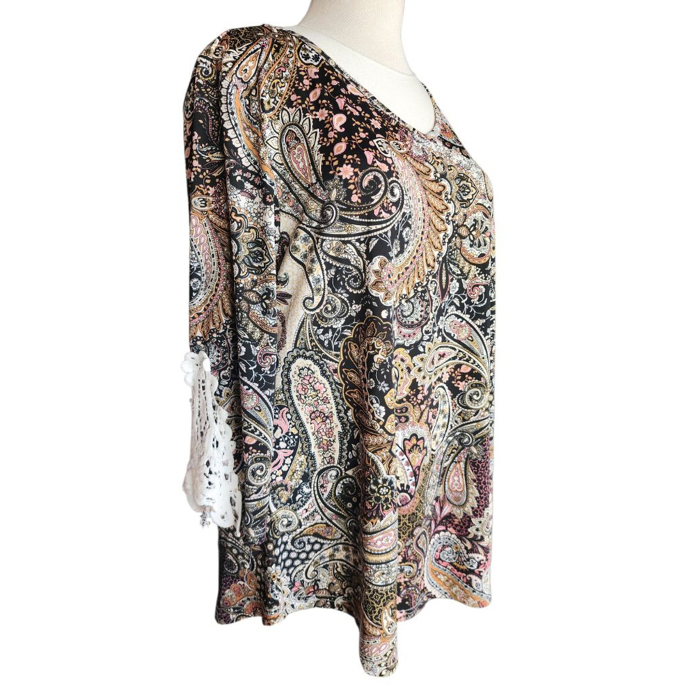 Stem & Vine Paisley Boho Top Womens Plus 1X Black Floral Lace Sleeve Blouse NWT - Picture 3 of 12